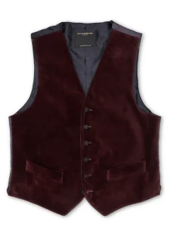 Favourbrook Claret Velvet Cotton Single Breasted 6 Button Piped Waistcoat- Waistcoats | Single Breasted Waistcoats