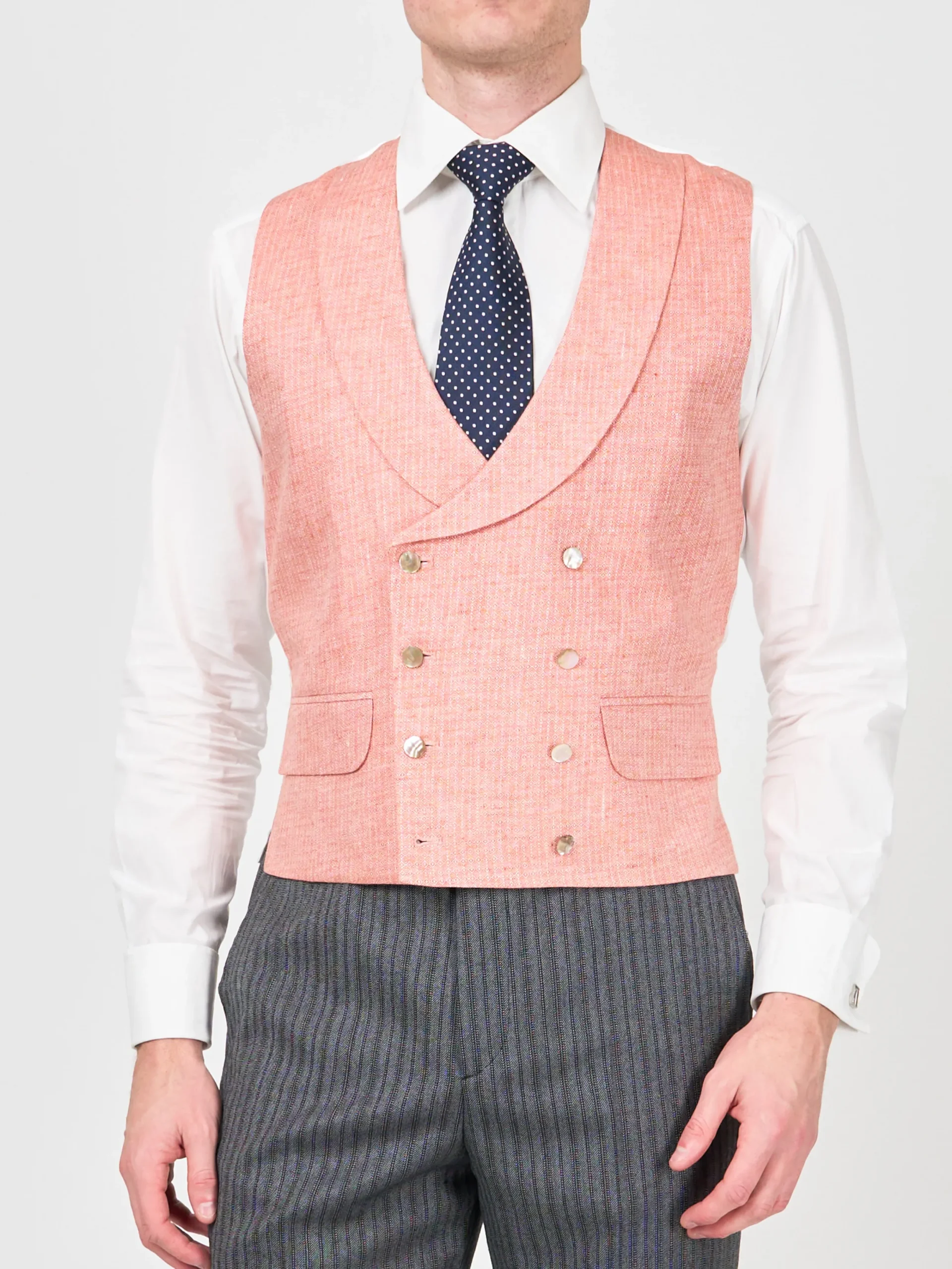 Favourbrook Coral Culcross Linen Double Breasted 8 Button Shawl Lapel Waistcoat- Groomswear | Waistcoats