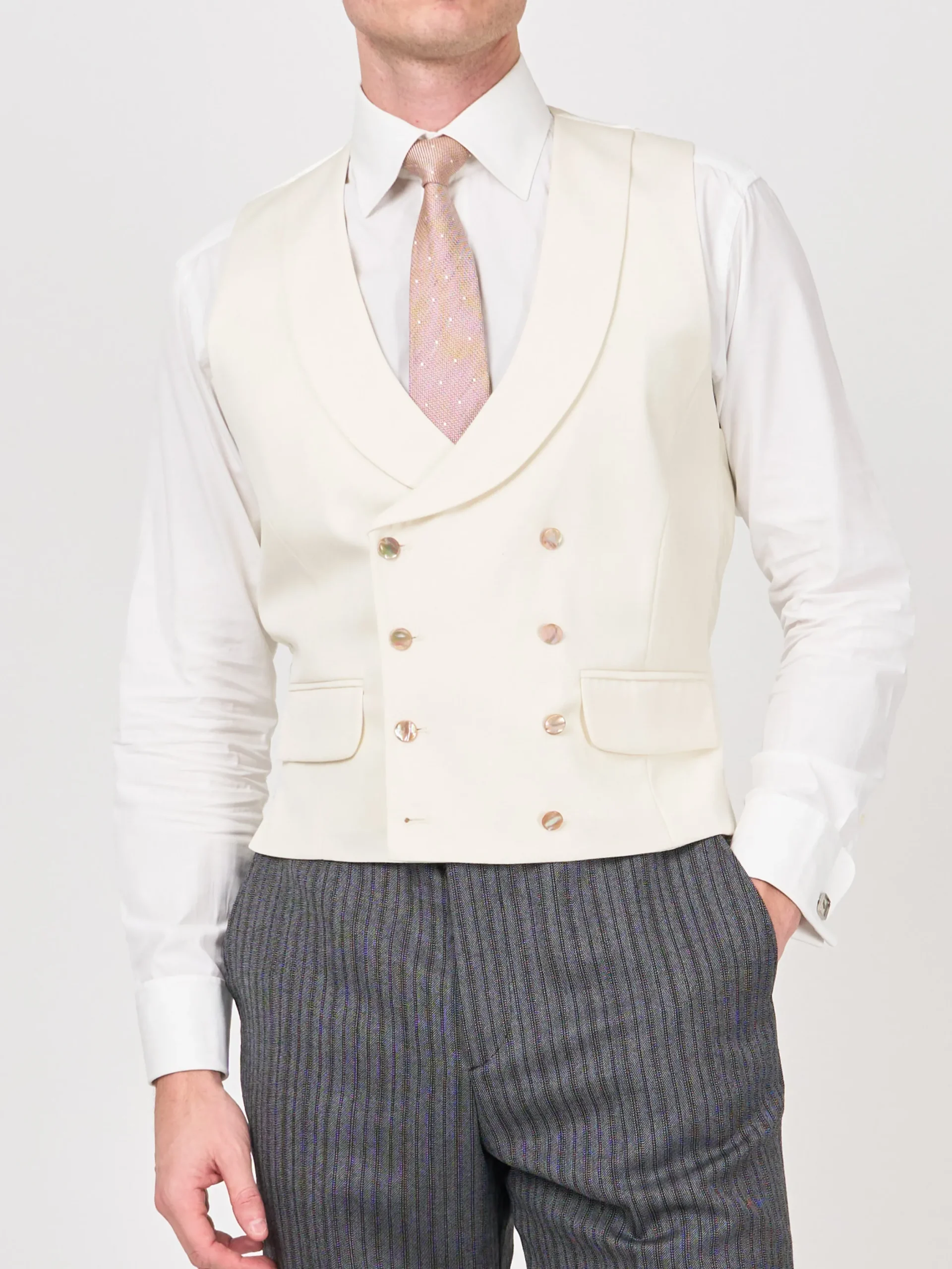 Favourbrook Cream Gabardine Wool Double Breasted 8 Button Shawl Lapel Waistcoat- Groomswear | Waistcoats