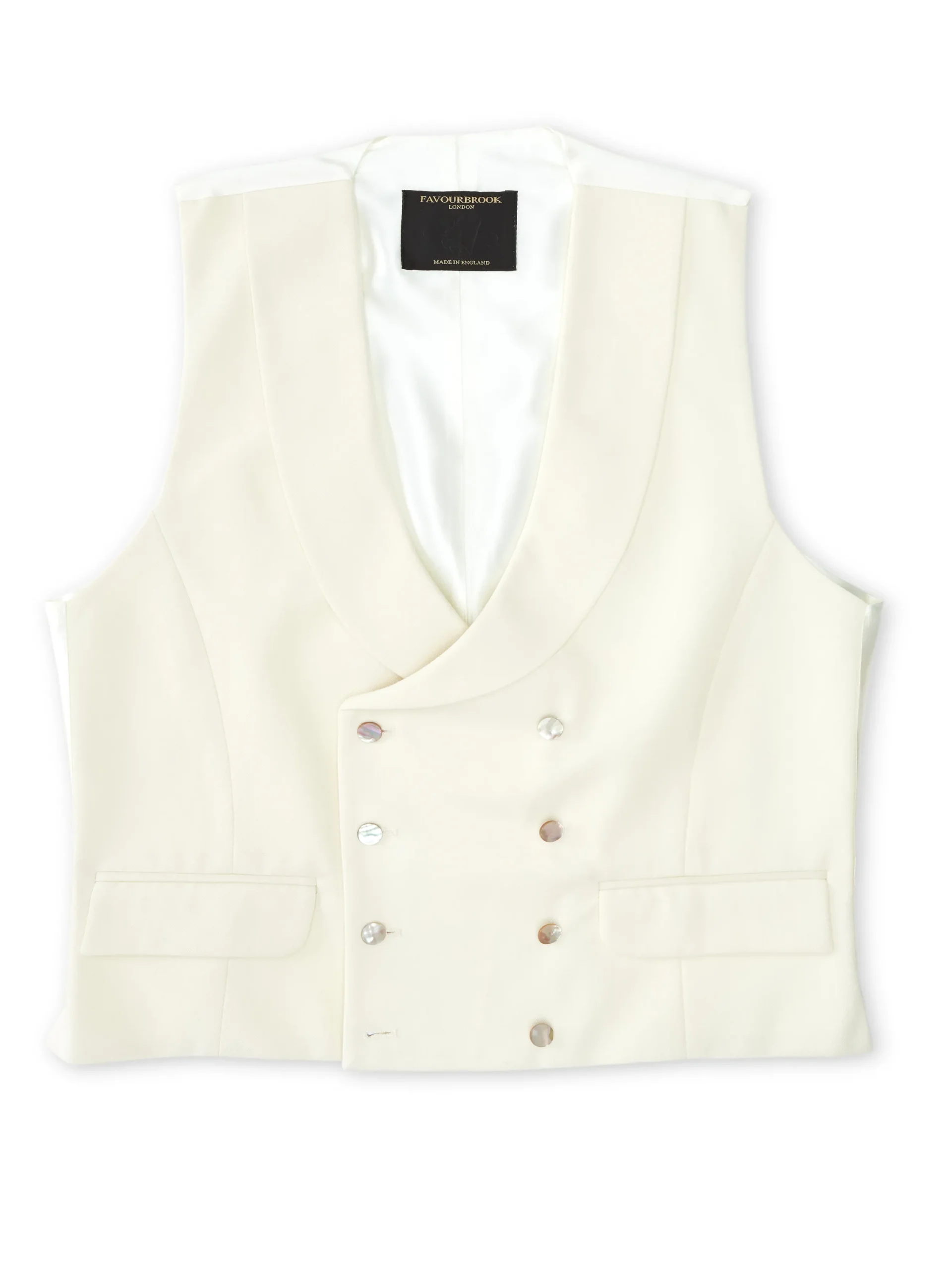Favourbrook Cream Gabardine Wool Double Breasted 8 Button Shawl Lapel Waistcoat- Groomswear | Waistcoats
