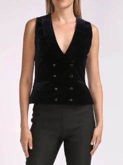 Favourbrook Double Breasted Navy Plain Cotton Velvet Waistcoat-Women Eveningwear | Eveningwear