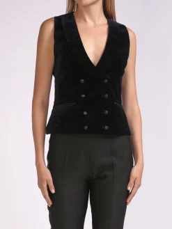 Favourbrook Double Breasted Navy Plain Cotton Velvet Waistcoat-Women Eveningwear | Eveningwear