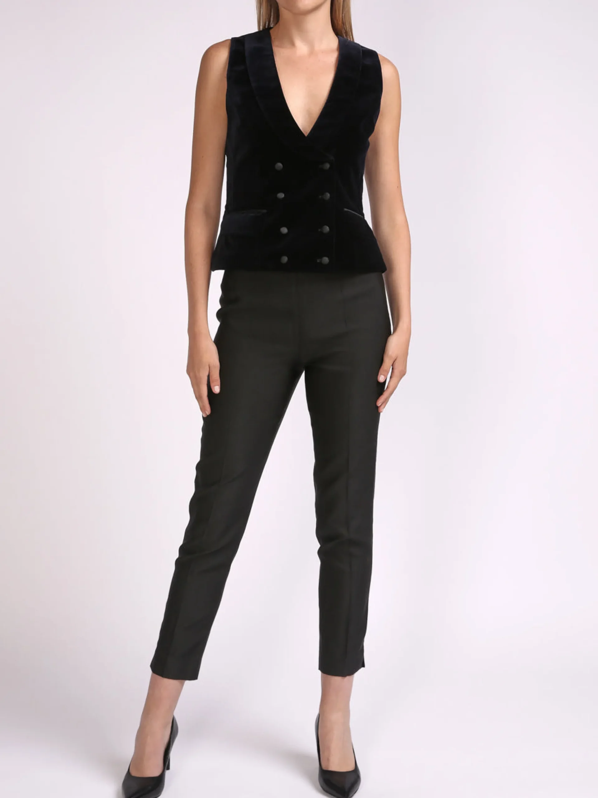 Favourbrook Double Breasted Navy Plain Cotton Velvet Waistcoat-Women Eveningwear | Eveningwear