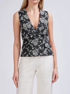 Favourbrook Double Breasted Waistcoat Black Brett Linen-Women Tops & Blouses | Waistcoats