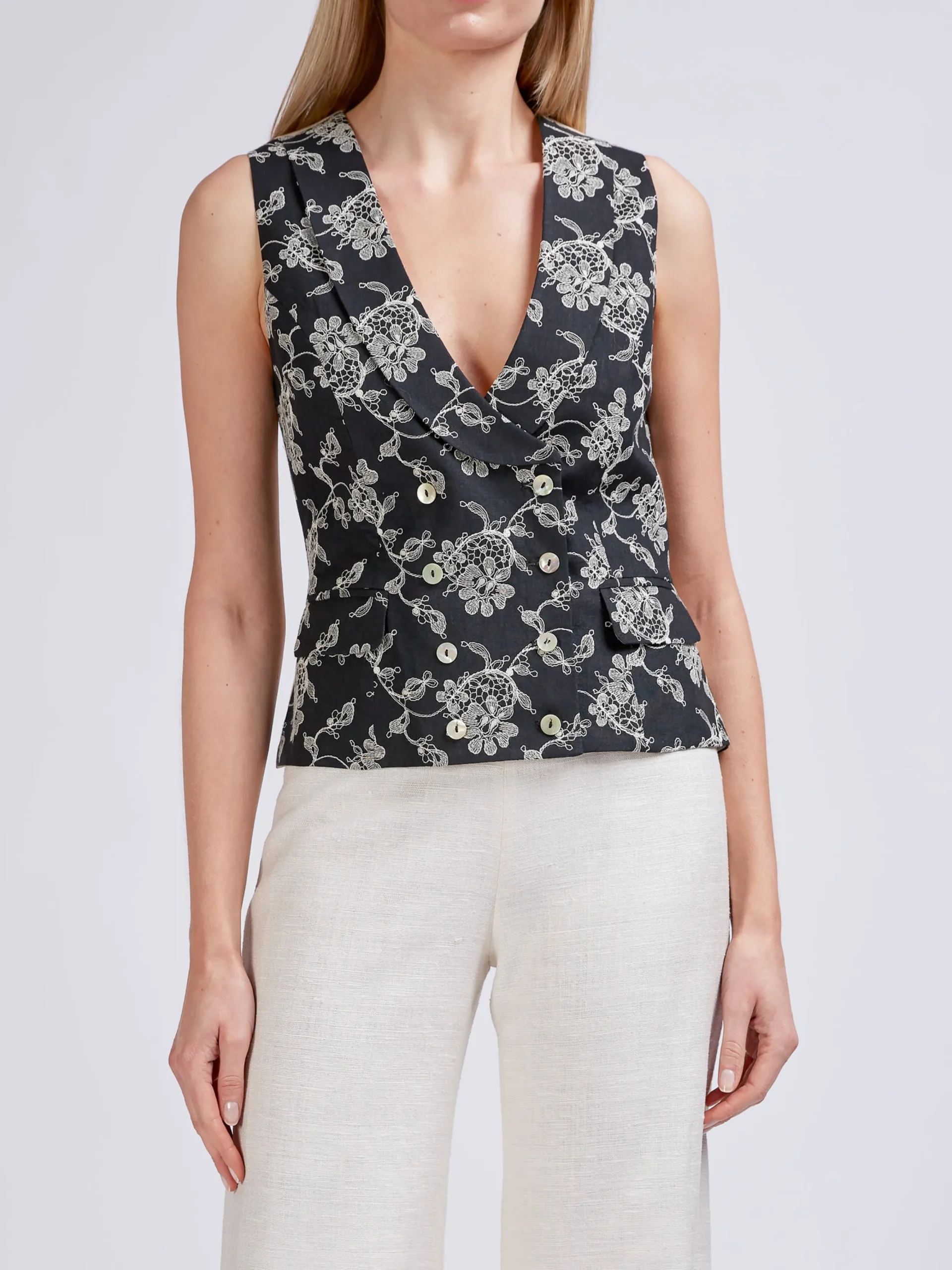Favourbrook Double Breasted Waistcoat Black Brett Linen-Women Tops & Blouses | Waistcoats