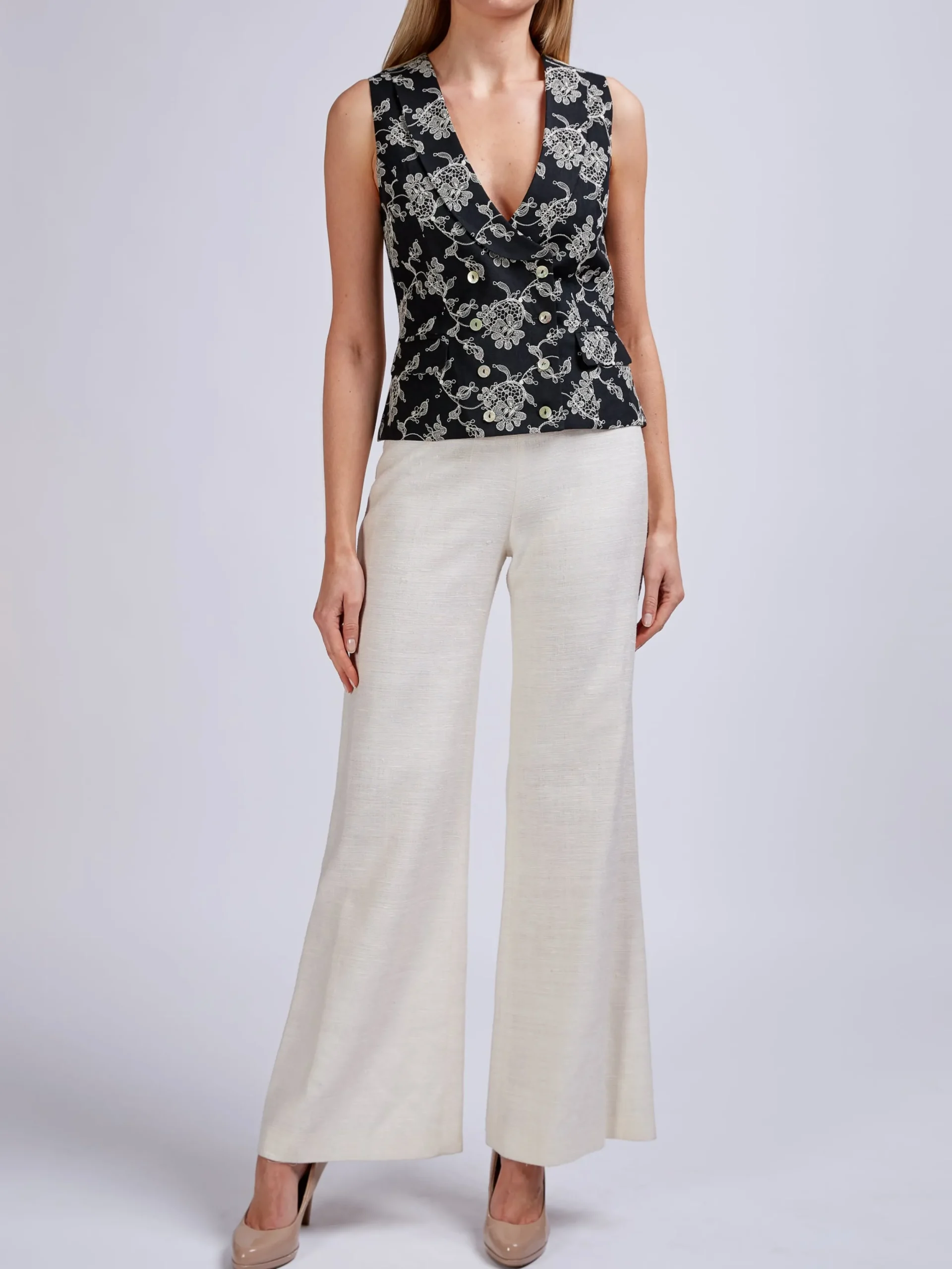 Favourbrook Double Breasted Waistcoat Black Brett Linen-Women Tops & Blouses | Waistcoats