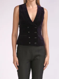 Favourbrook Double-Breasted Aubergine Plain Velvet Waistcoat-Women Eveningwear | Eveningwear