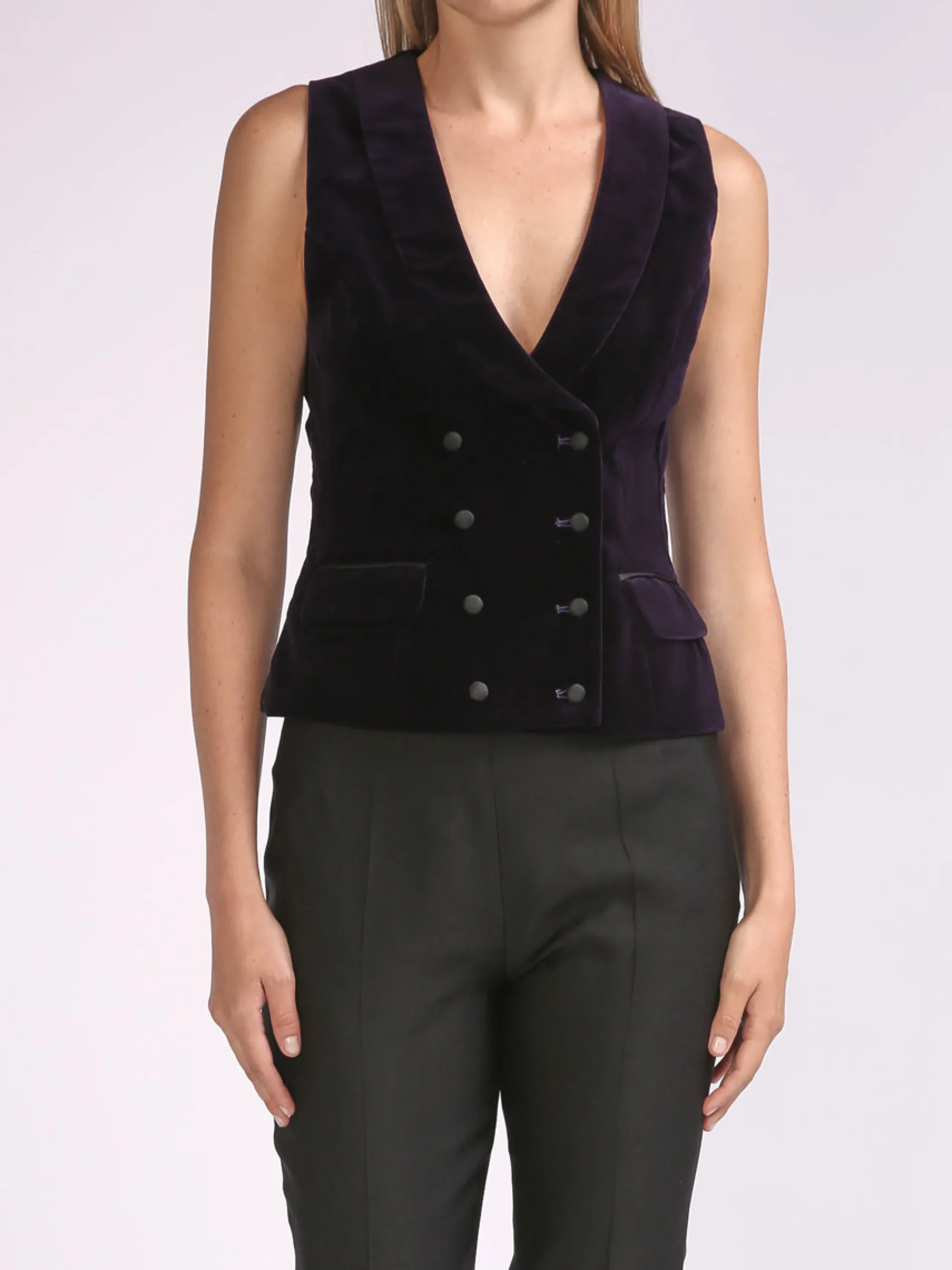 Favourbrook Double-Breasted Aubergine Plain Velvet Waistcoat-Women Eveningwear | Eveningwear