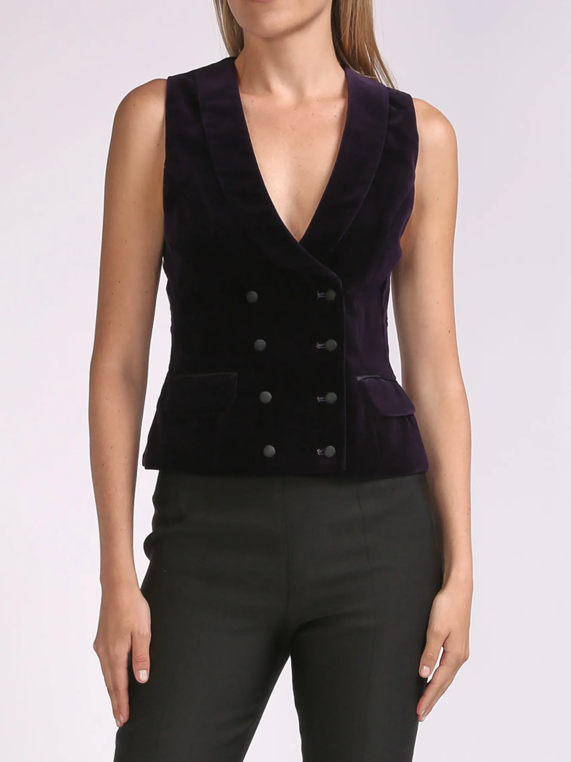 Favourbrook Double-Breasted Aubergine Plain Velvet Waistcoat-Women Eveningwear | Eveningwear