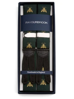 Favourbrook Green Gold Bees Black Leather Silk Braces- Braces
