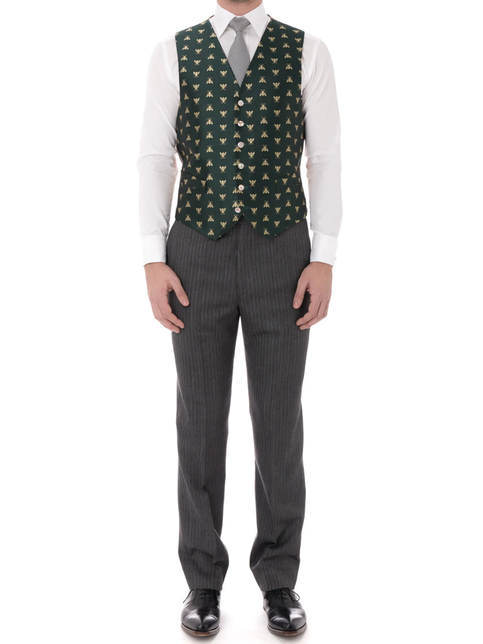 Favourbrook Green Gold Bees Silk Single Breasted 6 Button Waistcoat- Waistcoats | Royal Ascot Waistcoats