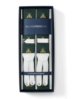 Favourbrook Green Gold Bees White Leather Silk Braces- Braces