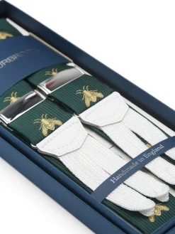 Favourbrook Green Gold Bees White Leather Silk Braces- Braces