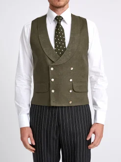 Favourbrook Green Padworth Linen Double Breasted 8 Button Shawl Lapel Waistcoat- Waistcoats | Shawl Lapel Waistcoats