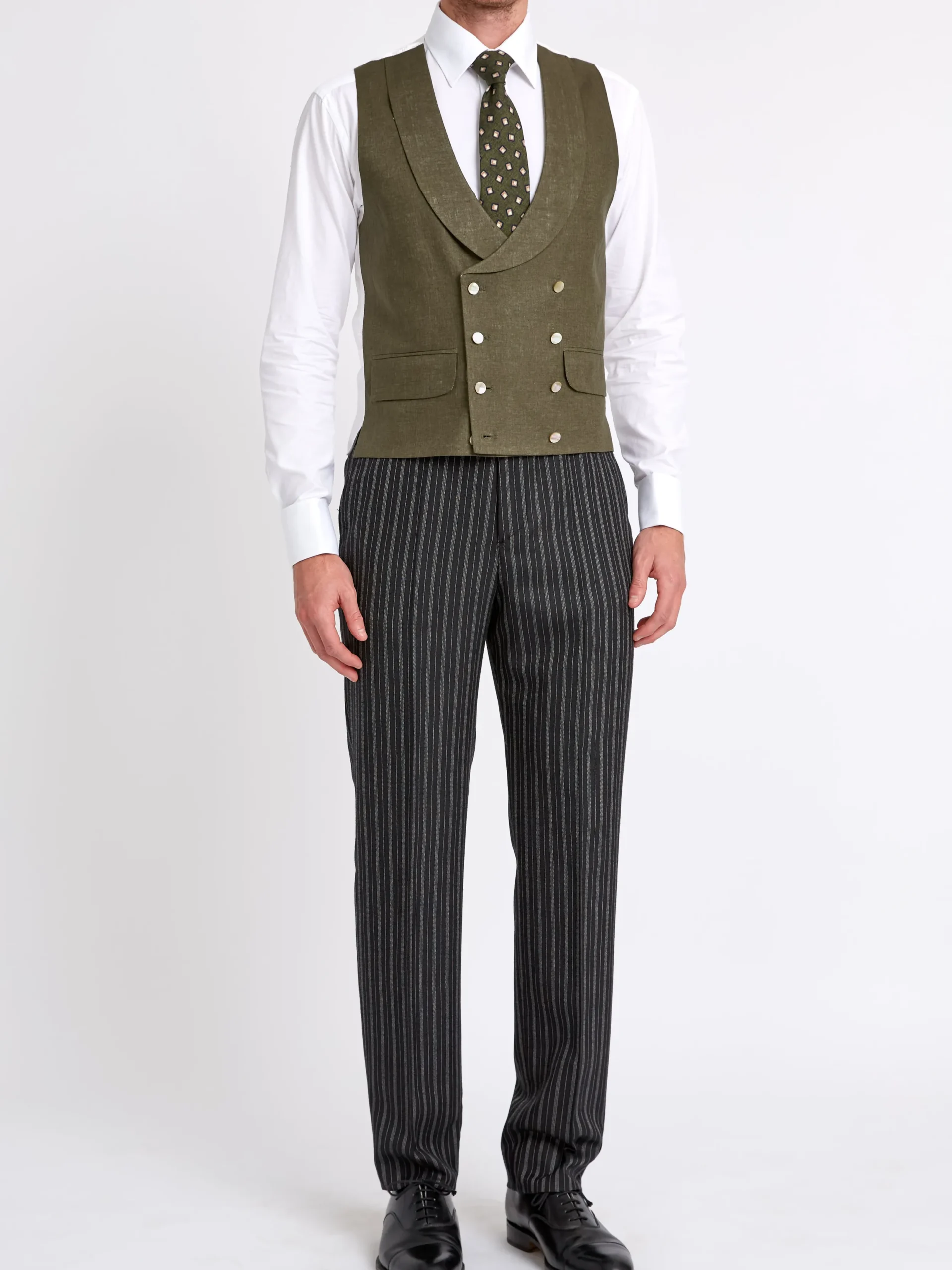 Favourbrook Green Padworth Linen Double Breasted 8 Button Shawl Lapel Waistcoat- Waistcoats | Shawl Lapel Waistcoats