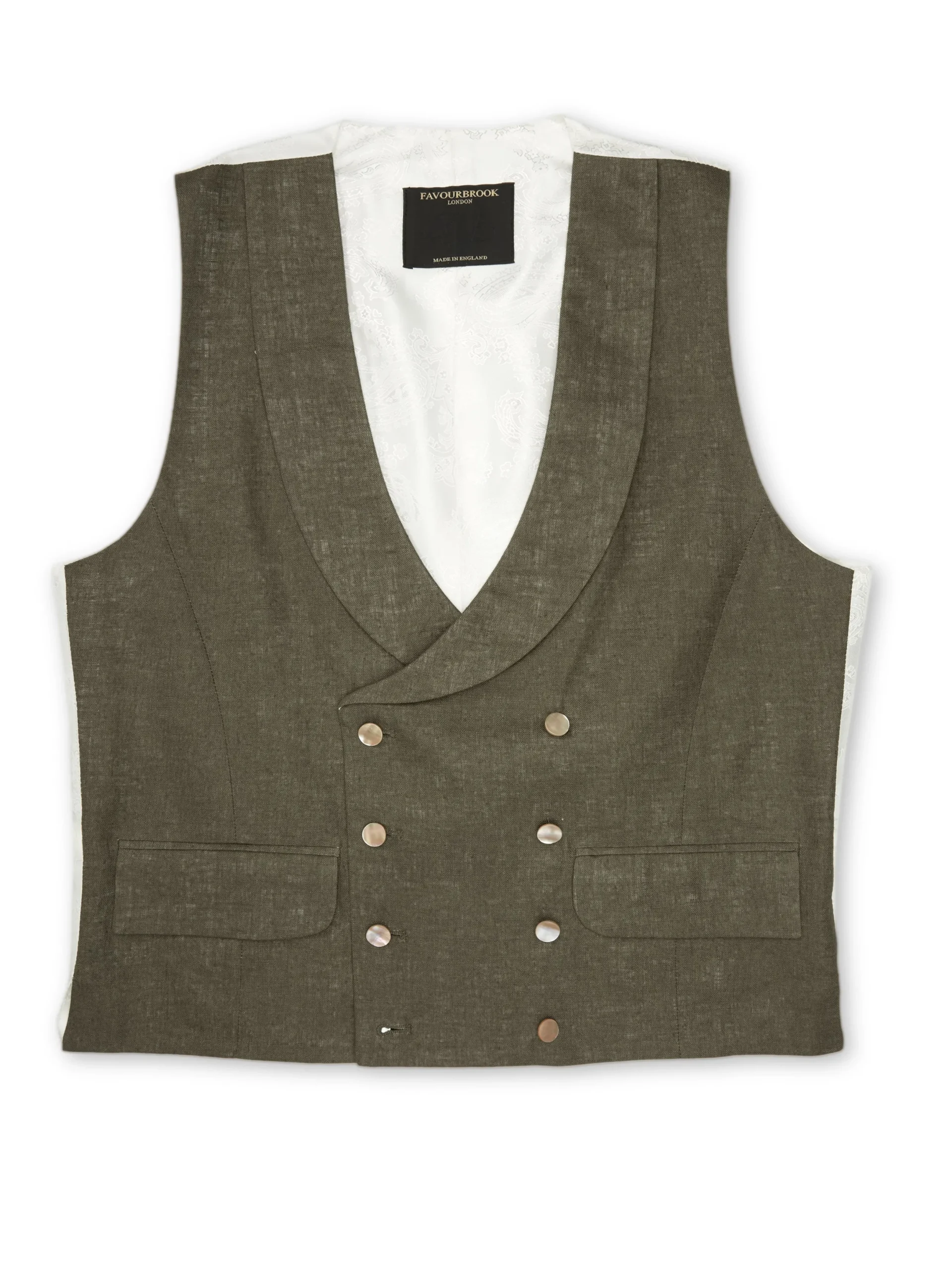 Favourbrook Green Padworth Linen Double Breasted 8 Button Shawl Lapel Waistcoat- Waistcoats | Shawl Lapel Waistcoats
