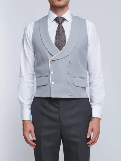 Favourbrook Grey Gabardine Wool Double Breasted 8 Button Shawl Lapel Piped Waistcoat- Wedding Attire | Waistcoats