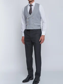 Favourbrook Grey Gabardine Wool Double Breasted 8 Button Shawl Lapel Piped Waistcoat- Wedding Attire | Waistcoats