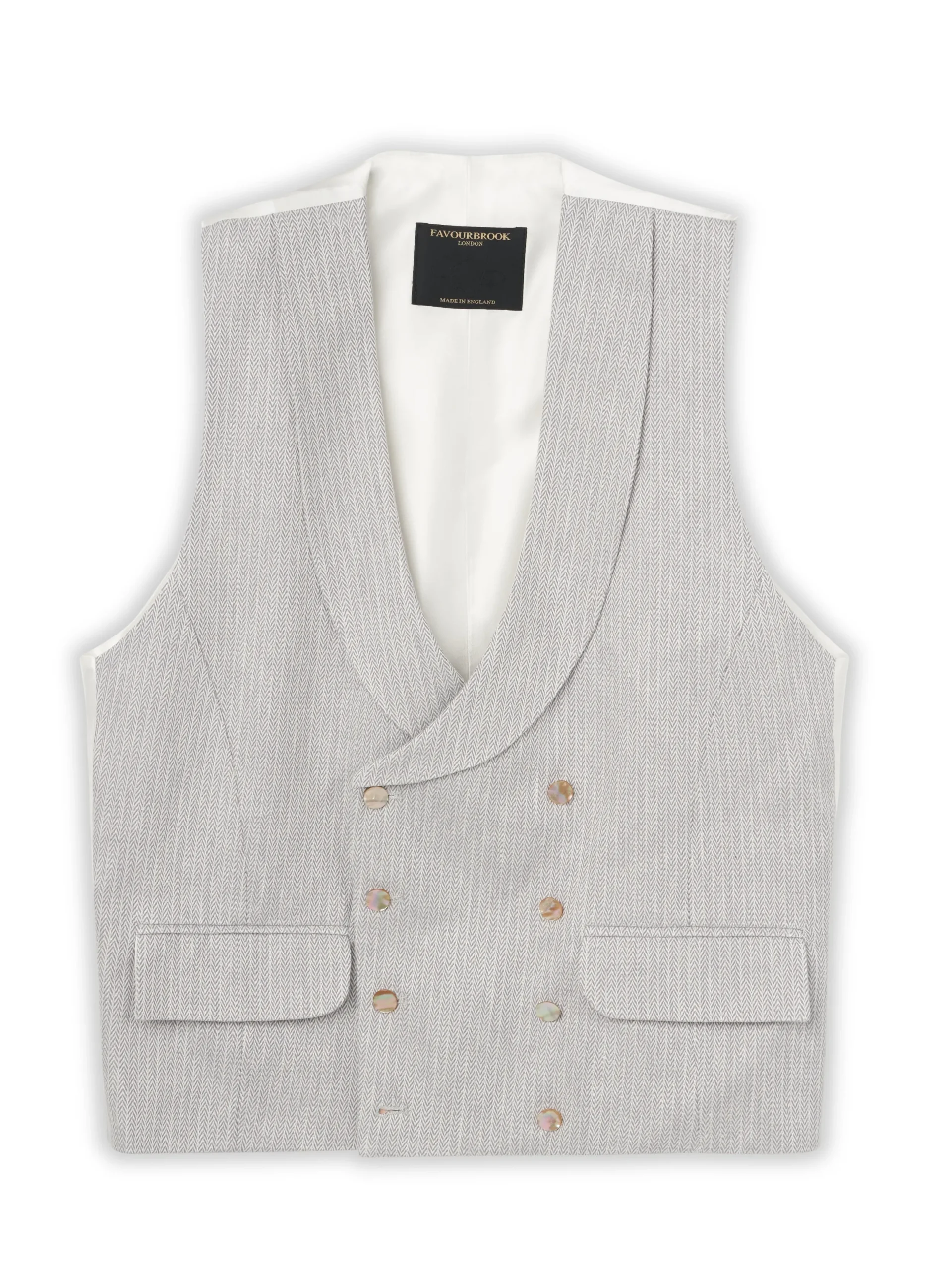 Favourbrook Grey Jeffries Linen Double Breasted 8 Button Shawl Lapel Waistcoat- Waistcoats | Shawl Lapel Waistcoats
