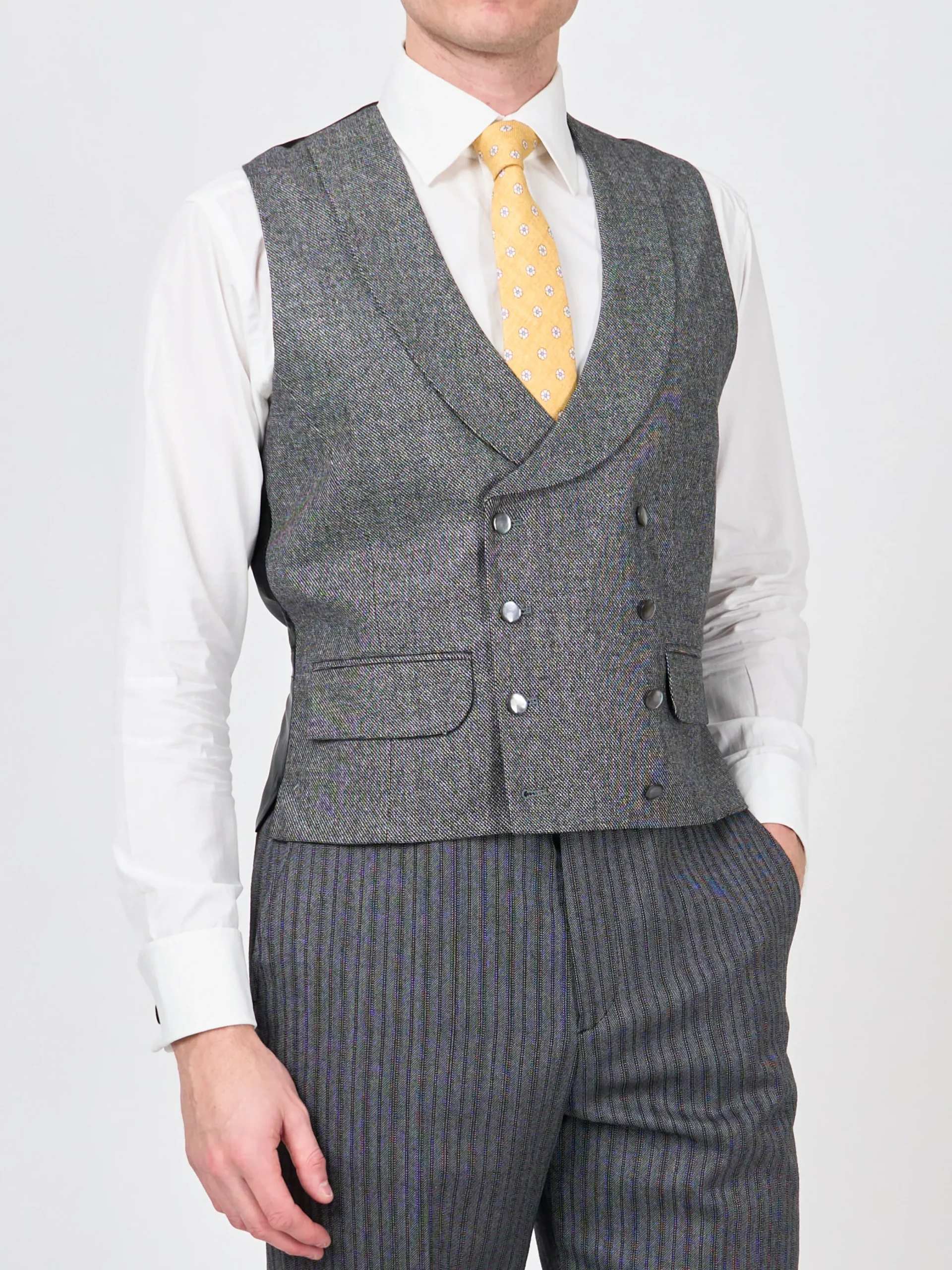 Favourbrook Grey Wilton Cashmere Double Breasted 8 Button Shawl Lapel Waistcoat- Waistcoats | Shawl Lapel Waistcoats