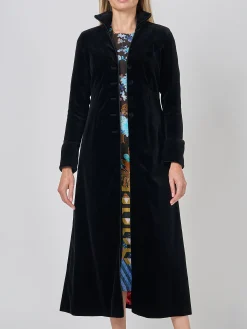 Favourbrook Long Swing Coat Black Plain Cotton Velvet-Women Eveningwear | Eveningwear
