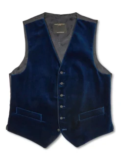 Favourbrook Marine Blue Velvet Cotton Single Breasted 6 Button Piped Waistcoat- Waistcoats | Evening Waistcoats