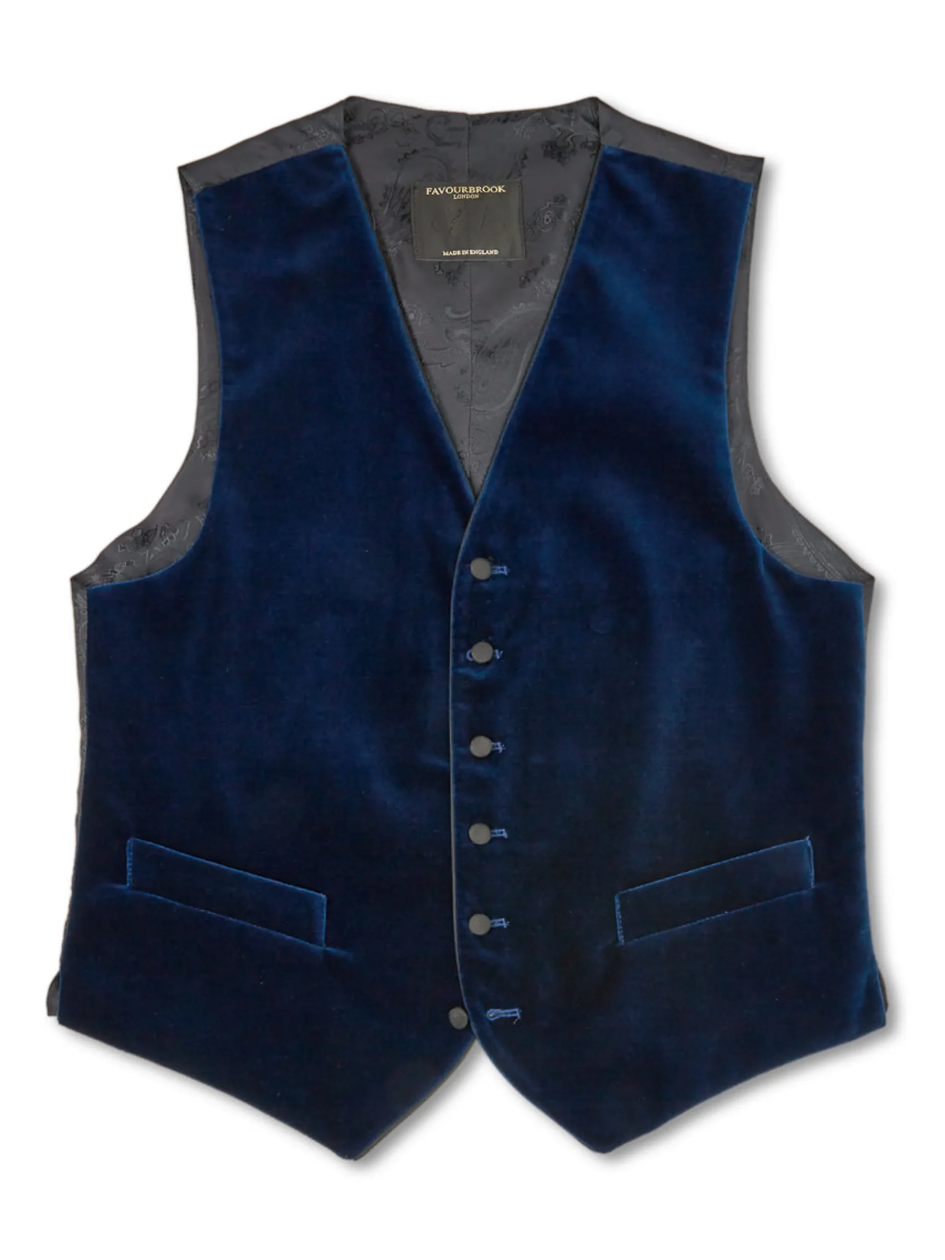 Favourbrook Marine Blue Velvet Cotton Single Breasted 6 Button Piped Waistcoat- Waistcoats | Evening Waistcoats