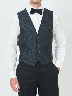 Favourbrook Midnight Heathcote Paisley Single Breasted 4 Button Piped Waistcoat- Waistcoats | Single Breasted Waistcoats