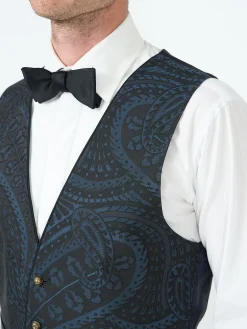 Favourbrook Midnight Heathcote Paisley Single Breasted 4 Button Piped Waistcoat- Waistcoats | Single Breasted Waistcoats