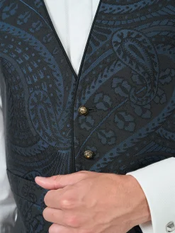 Favourbrook Midnight Heathcote Paisley Single Breasted 4 Button Piped Waistcoat- Waistcoats | Single Breasted Waistcoats