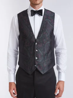 Favourbrook Midnight Plum Carlton Paisley Single Breasted 4 Button Piped Waistcoat- Waistcoats | Single Breasted Waistcoats