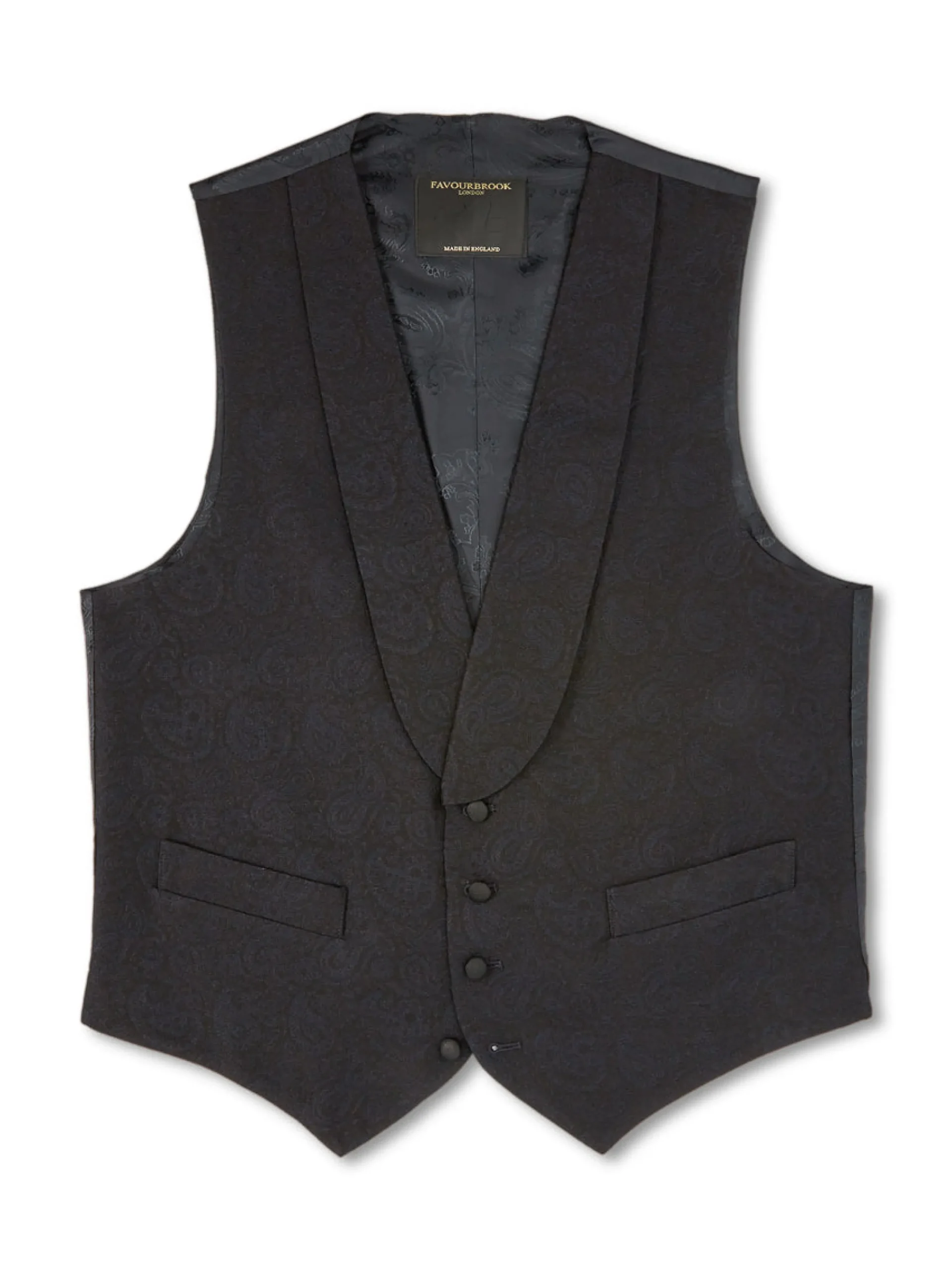Favourbrook Midnight Vincent Wool Single Breasted 4 Button Shawl Lapel Waistcoat- Waistcoats | Evening Waistcoats