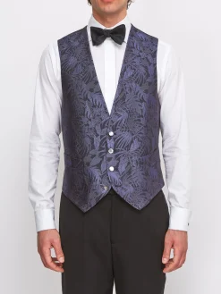 Favourbrook Navy Botanics Silk Single Breasted 4 Button Waistcoat- Waistcoats | Single Breasted Waistcoats