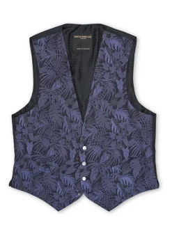 Favourbrook Navy Botanics Silk Single Breasted 4 Button Waistcoat- Waistcoats | Single Breasted Waistcoats
