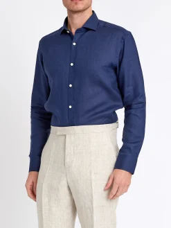 Favourbrook Navy Bridford Linen Cutaway Collar Shirt- Shirts
