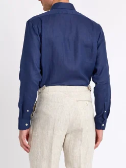 Favourbrook Navy Bridford Linen Cutaway Collar Shirt- Shirts