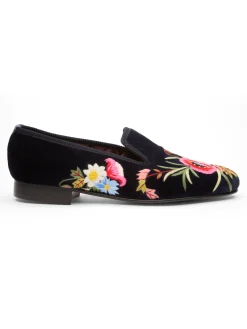 Favourbrook Navy Embroidered Velvet Cotton & Leather Slippers- Slippers