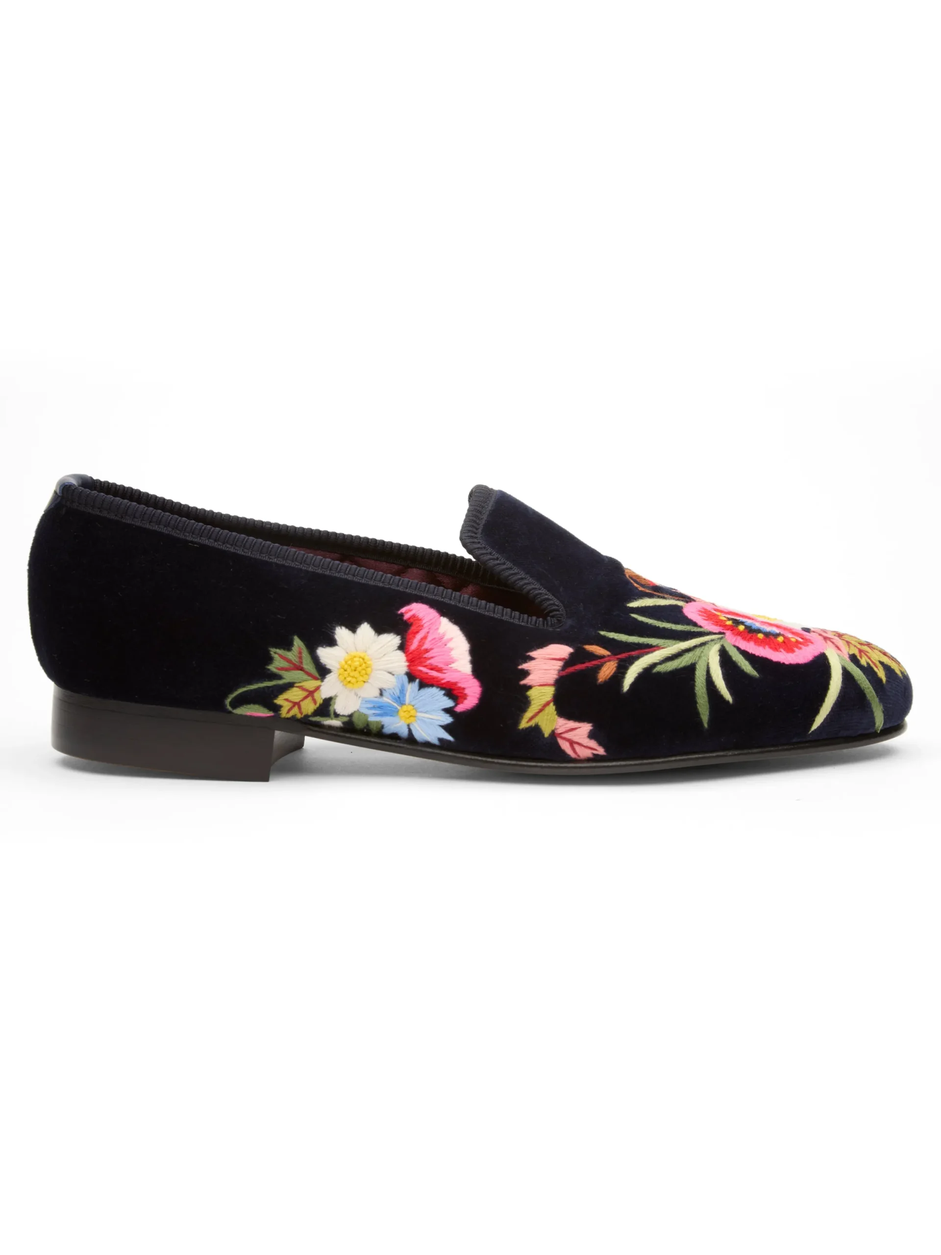 Favourbrook Navy Embroidered Velvet Cotton & Leather Slippers- Slippers