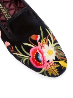 Favourbrook Navy Embroidered Velvet Cotton & Leather Slippers- Slippers