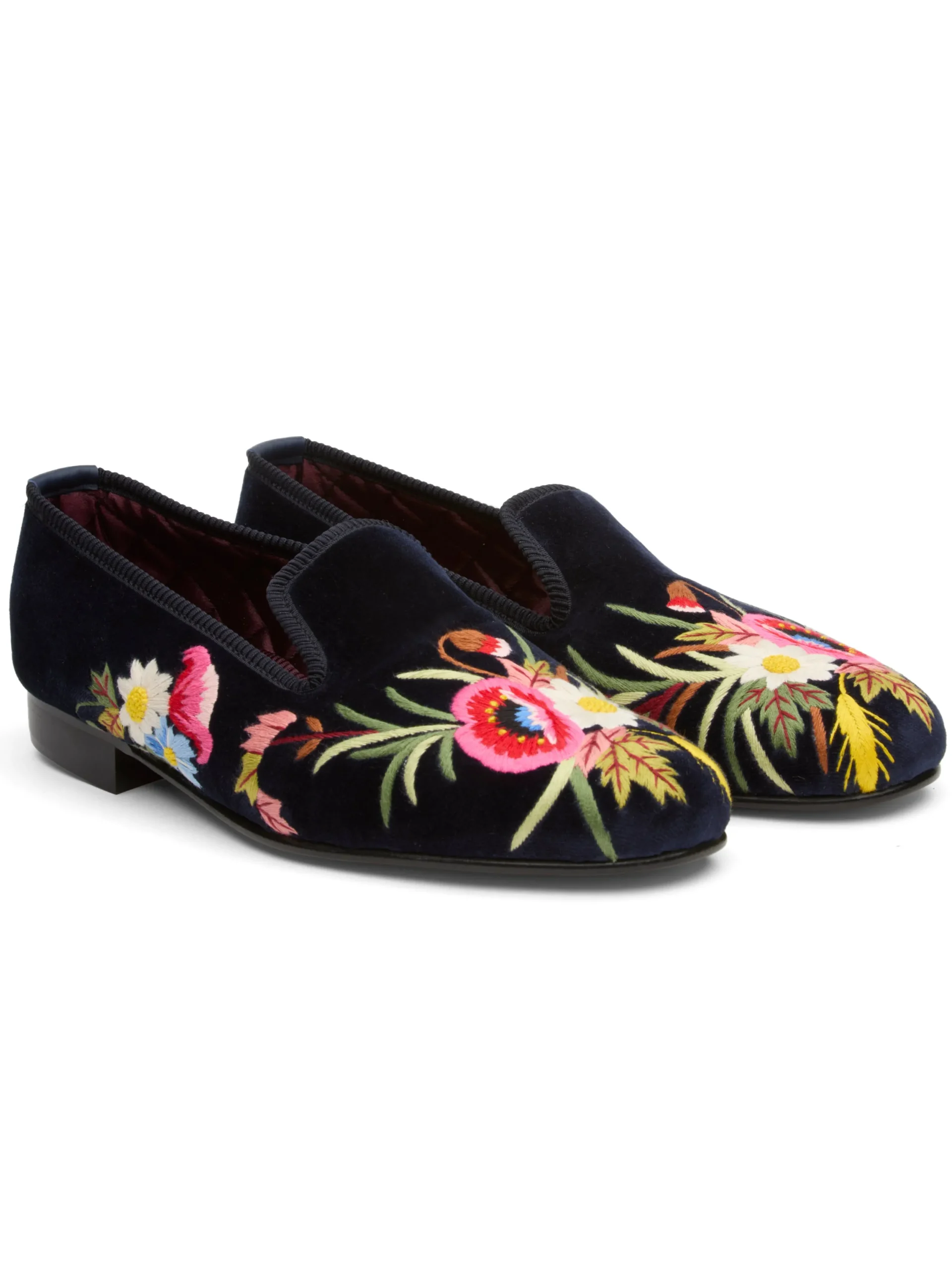 Favourbrook Navy Embroidered Velvet Cotton & Leather Slippers- Slippers