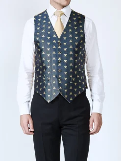 Favourbrook Navy Gold Bees Silk Single Breasted 6 Button Waistcoat- Eveningwear | Groomswear