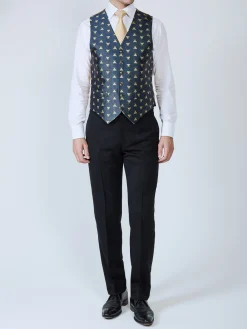 Favourbrook Navy Gold Bees Silk Single Breasted 6 Button Waistcoat- Eveningwear | Groomswear