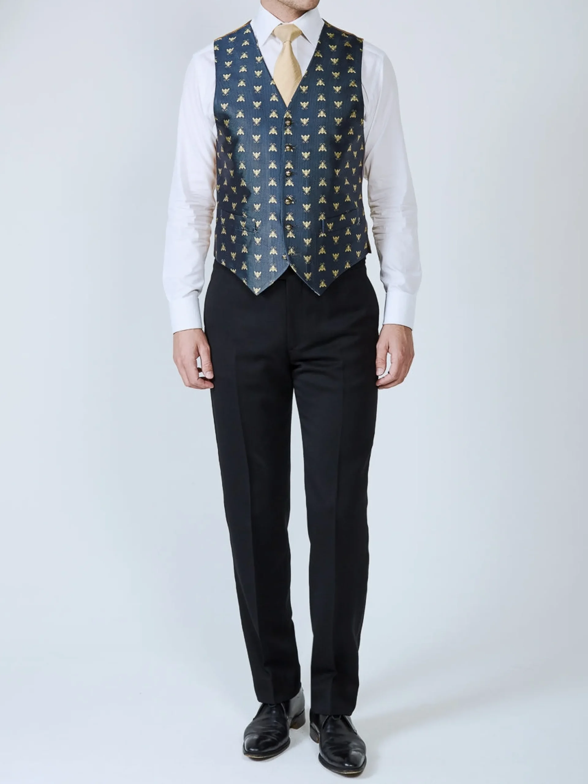 Favourbrook Navy Gold Bees Silk Single Breasted 6 Button Waistcoat- Eveningwear | Groomswear