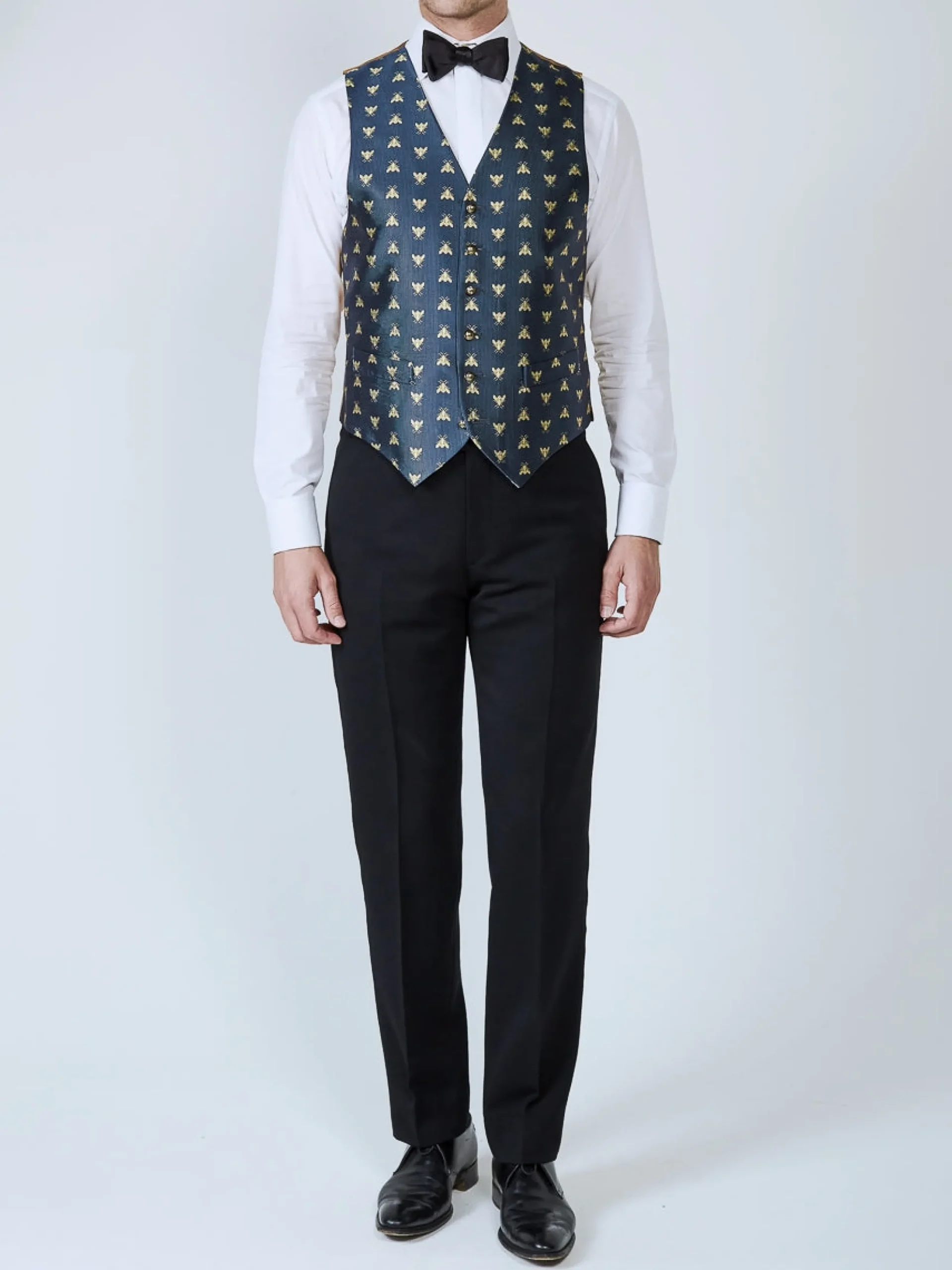 Favourbrook Navy Gold Bees Silk Single Breasted 6 Button Waistcoat- Eveningwear | Groomswear