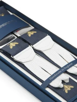 Favourbrook Navy Gold Bees White Leather Silk Braces- Braces