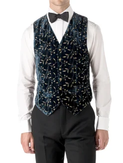 Favourbrook Navy Lurex Berries Velvet Single Breasted 6 Button Waistcoat- Waistcoats | Evening Waistcoats