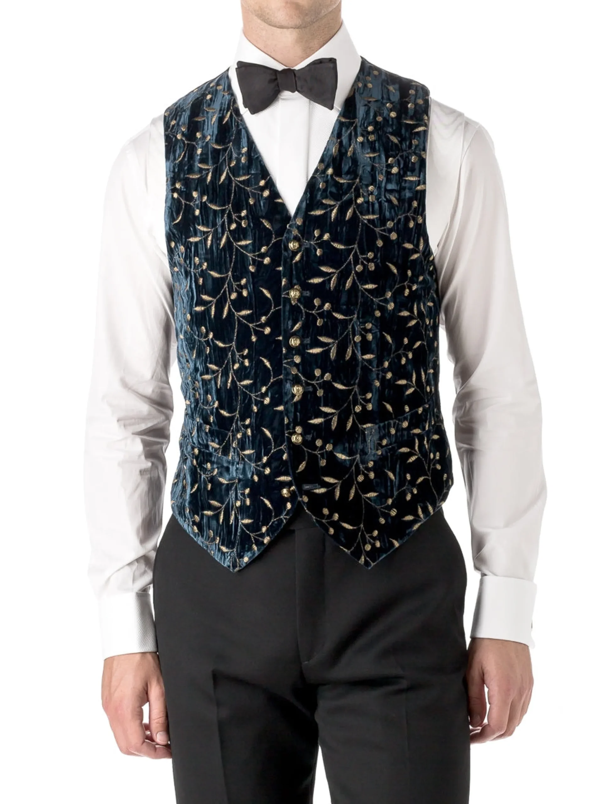 Favourbrook Navy Lurex Berries Velvet Single Breasted 6 Button Waistcoat- Waistcoats | Evening Waistcoats