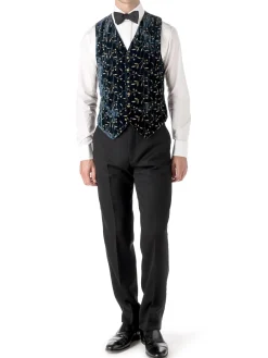Favourbrook Navy Lurex Berries Velvet Single Breasted 6 Button Waistcoat- Waistcoats | Evening Waistcoats