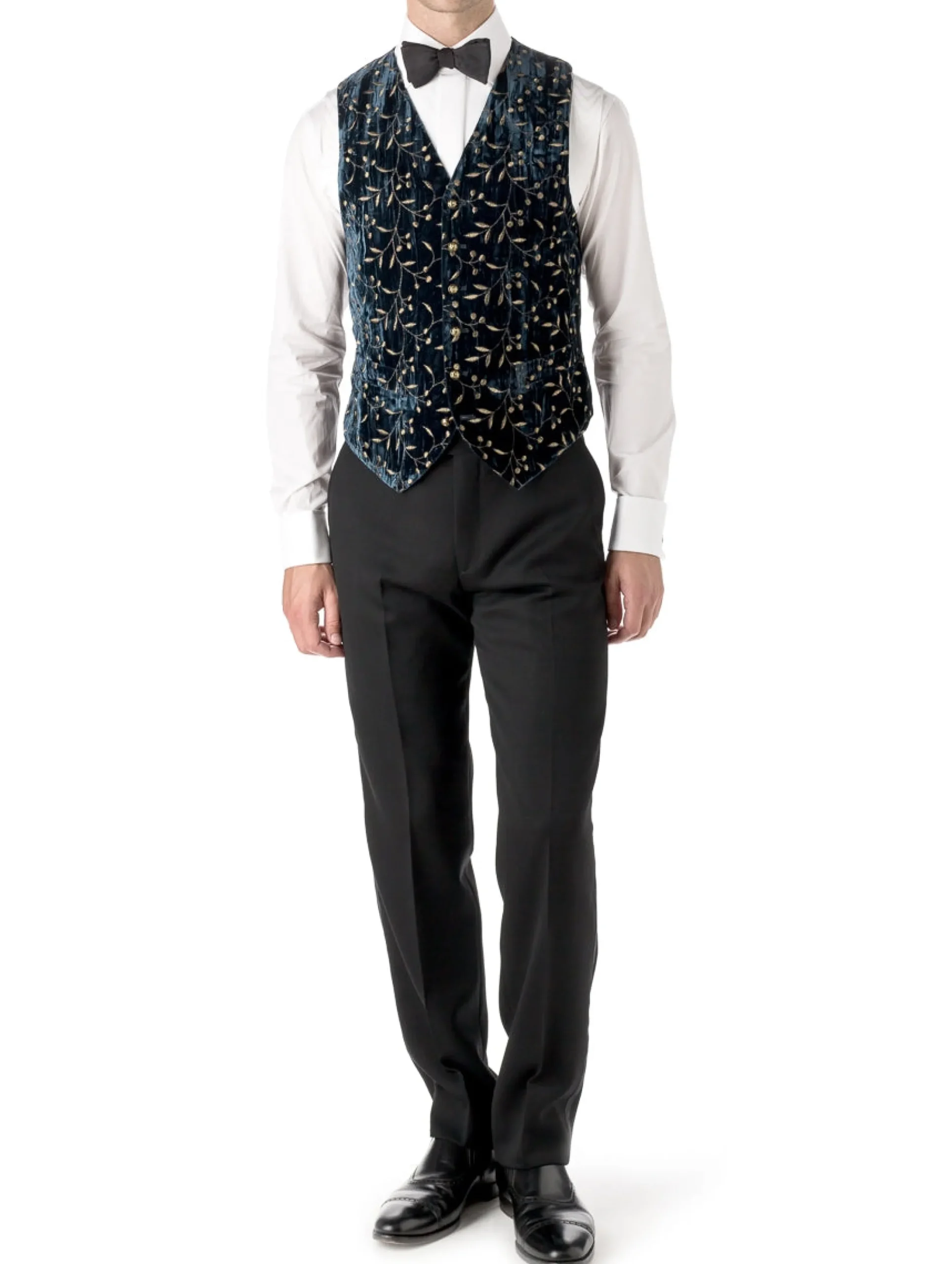 Favourbrook Navy Lurex Berries Velvet Single Breasted 6 Button Waistcoat- Waistcoats | Evening Waistcoats