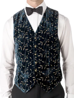 Favourbrook Navy Lurex Berries Velvet Single Breasted 6 Button Waistcoat- Waistcoats | Evening Waistcoats
